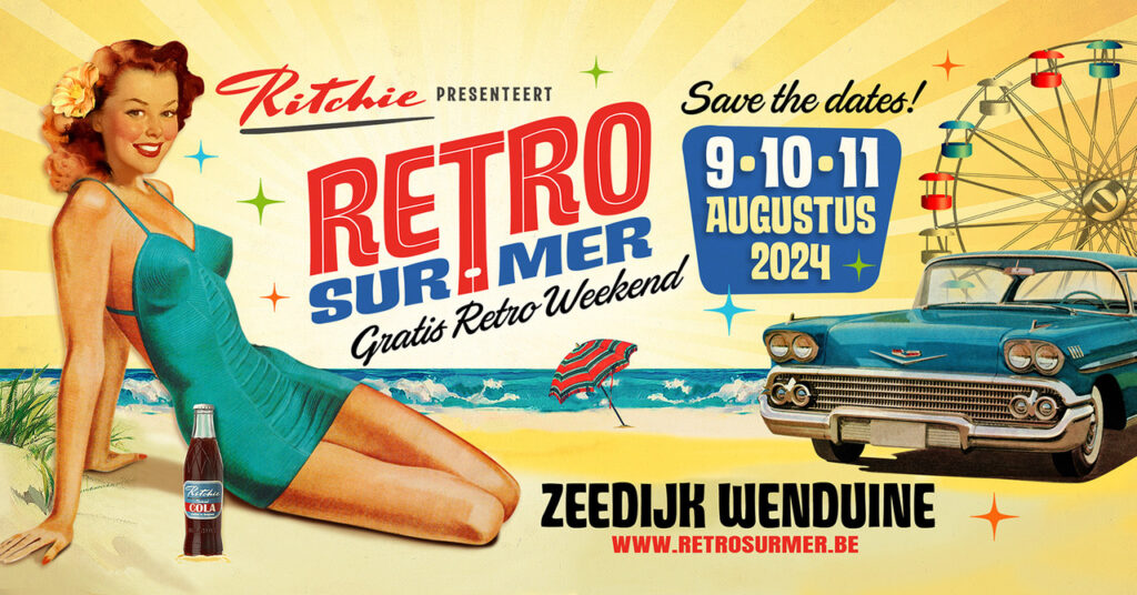 The Retro Sur Mer 2024 festival takes place on 9-10-11 August 2024 at Wenduine Zeedijk. Enjoy live performances, oldtimers and the vintage market.
